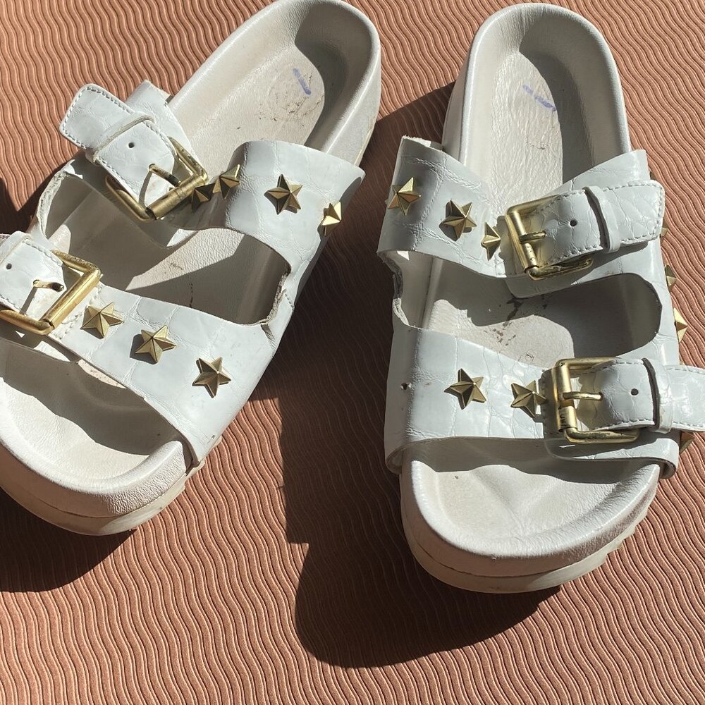 J/Slides White Leather Sandal w/ Studded Gold Star Embellishments.